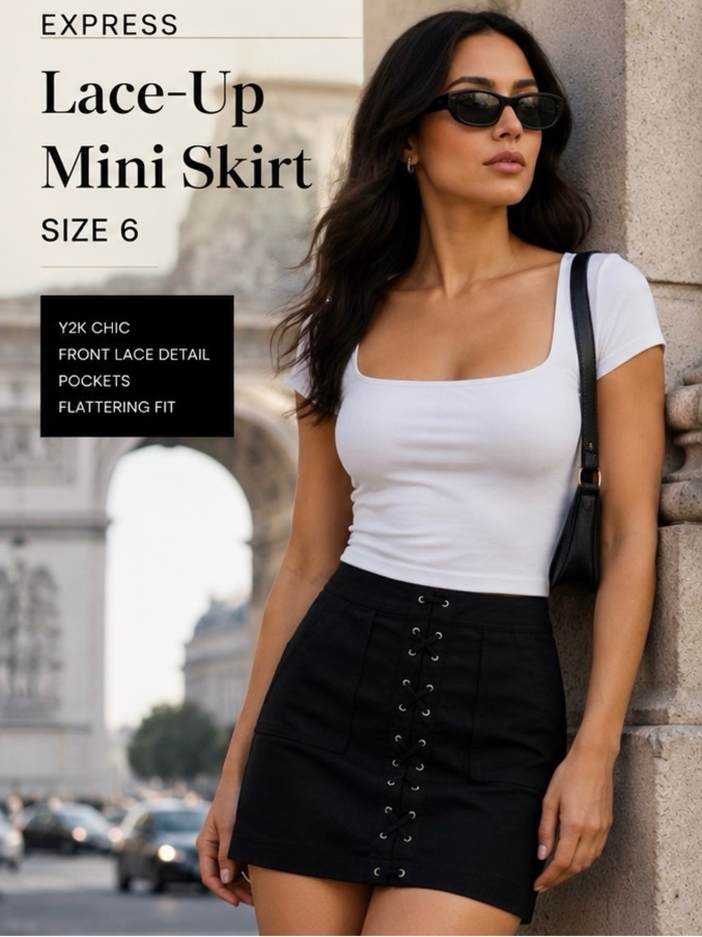 Express Black Lace-Up Mini Skirt Size 6 Y2K Chic Pocket Detail